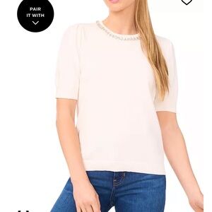 NWT Cece Embellished Rhinestone Neck white Short Sleeve Sweater Top Shirt XL
